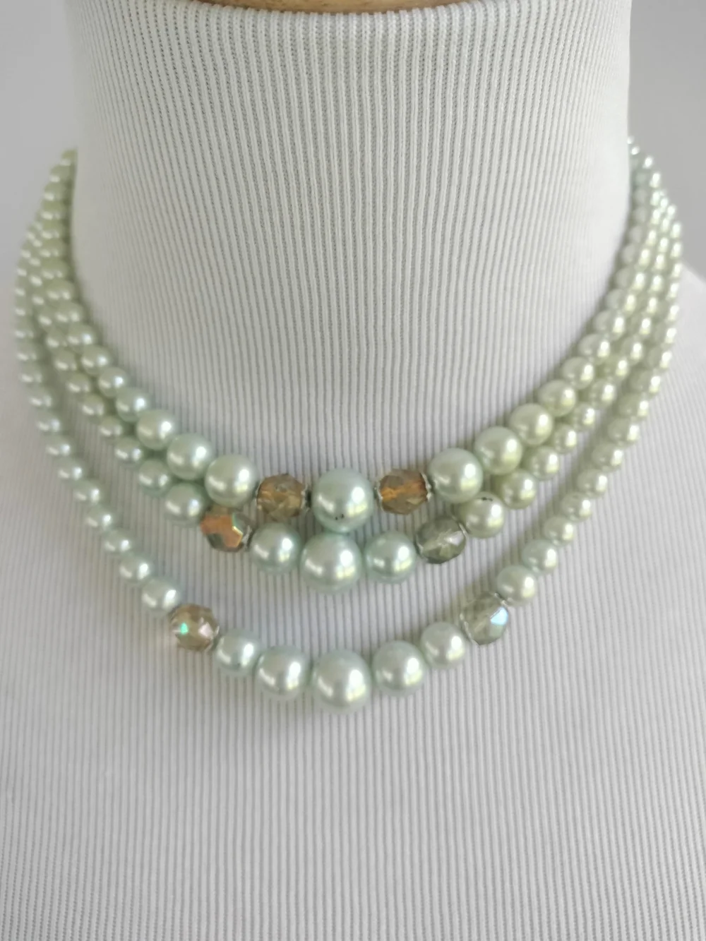 Pearl W/Crystal 3-Multi-Strand-JAPAN Necklace-vintage-